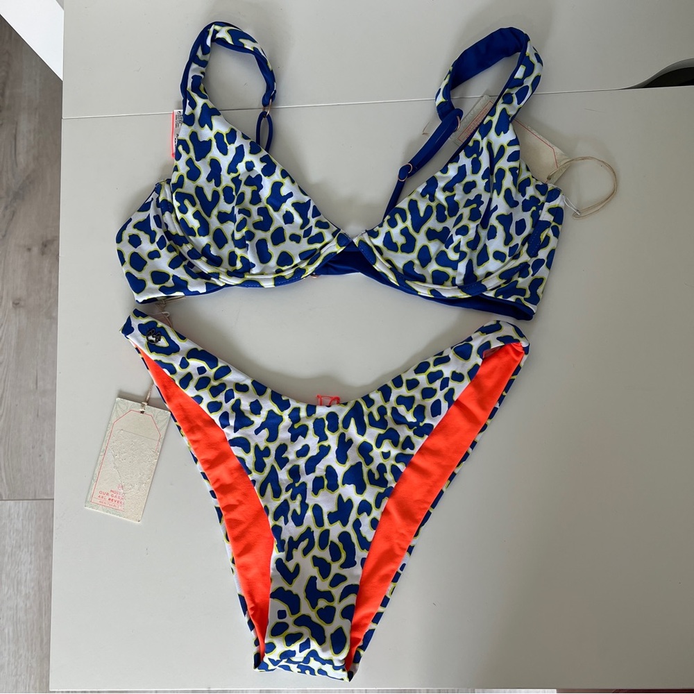 NWT Maaji Blue and Yellow Leopard/ Orange Reversible Bikini